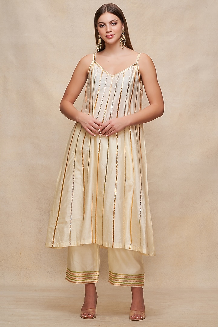 Off-White Chanderi Gota Embroidered Slip Summer Dress by Gulabo By Abu Sandeep at Pernia's Pop Up Shop