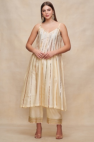 Off-White Chanderi Gota Embroidered Slip Dress by Gulabo By Abu Sandeep