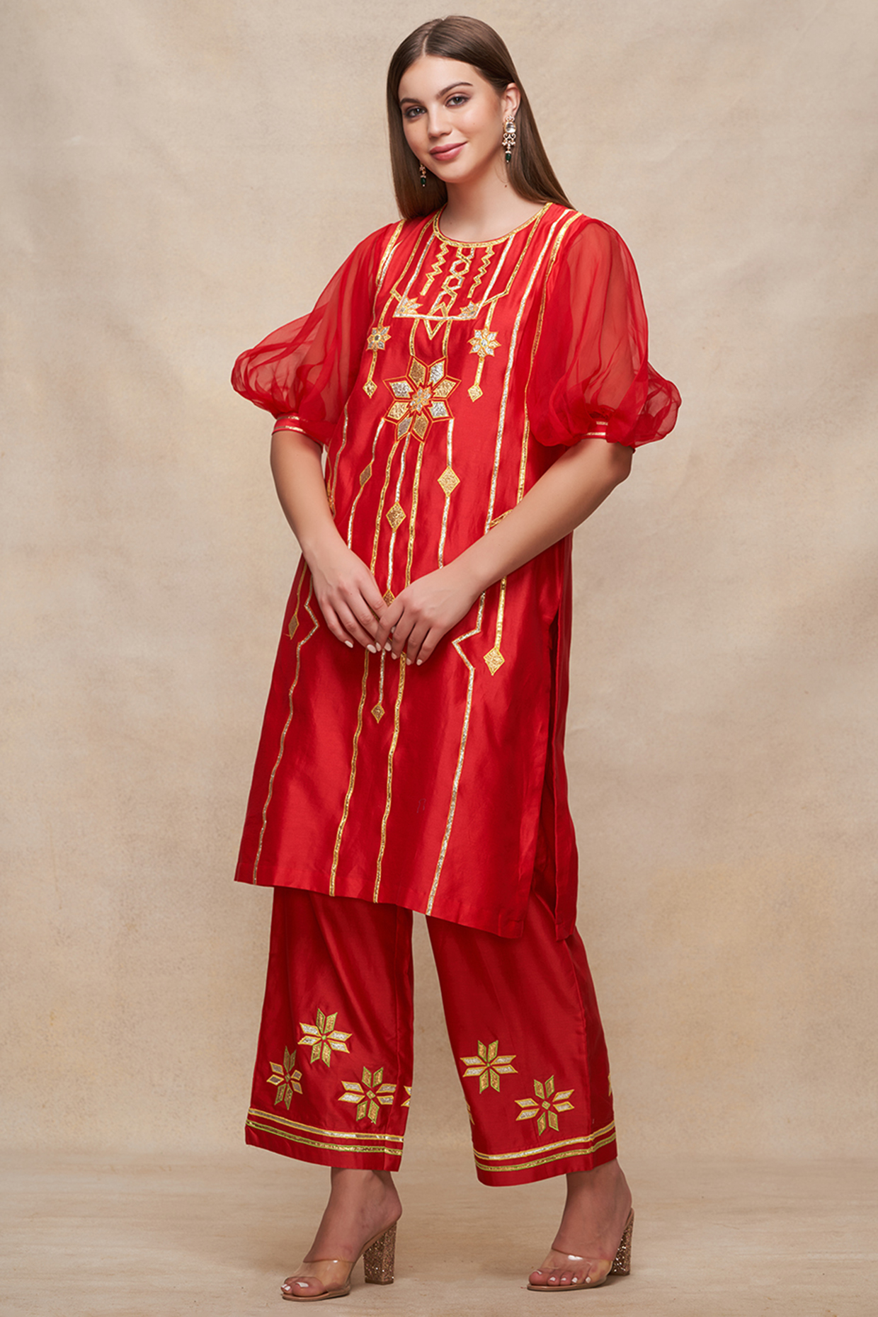 Red Chanderi Gota Work Short Kurta by Gulabo By Abu Sandeep at Pernia's Pop Up Shop