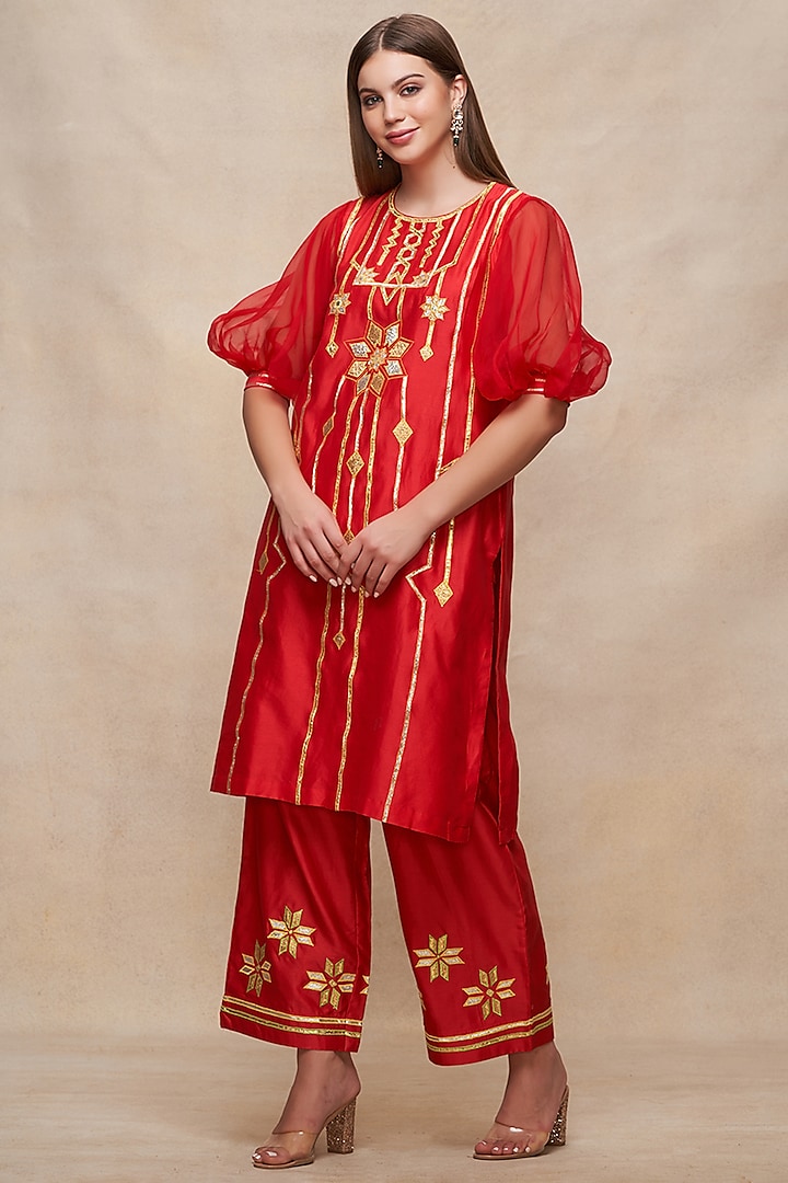 Red Chanderi Gota Work Short Kurta by Gulabo By Abu Sandeep at Pernia's Pop Up Shop