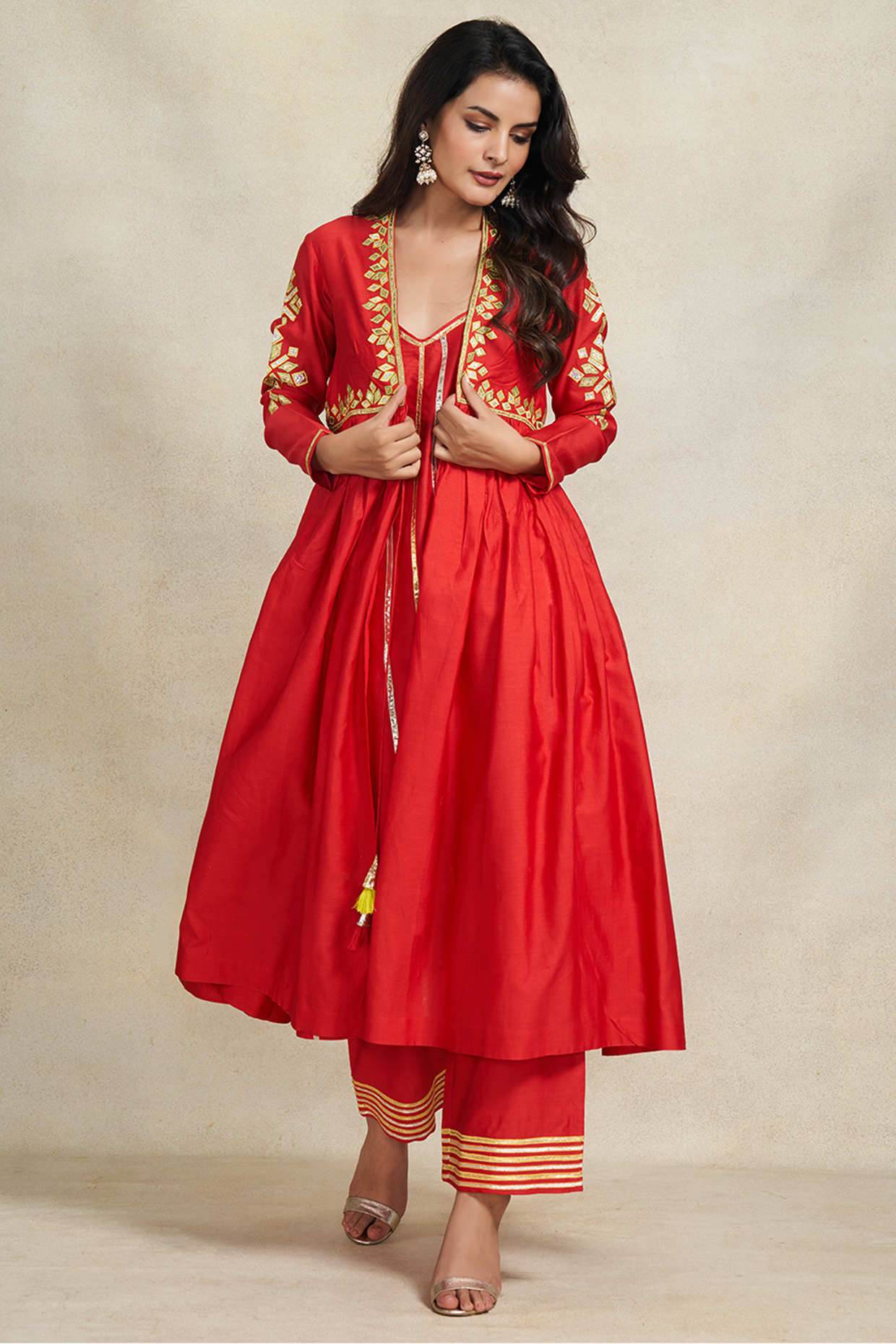 Red Chanderi Gota Work Overlay by Gulabo By Abu Sandeep at Pernia's Pop Up Shop