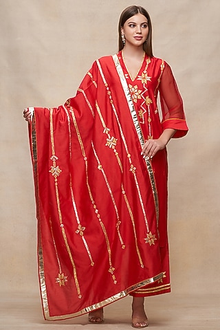 Red Chanderi Gota Work Dupatta by Gulabo By Abu Sandeep
