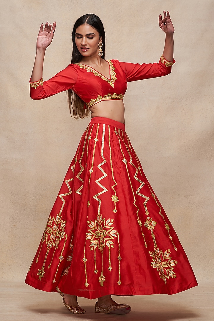 Red Chanderi Gota Work Maxi Skirt  by Gulabo By Abu Sandeep at Pernia's Pop Up Shop