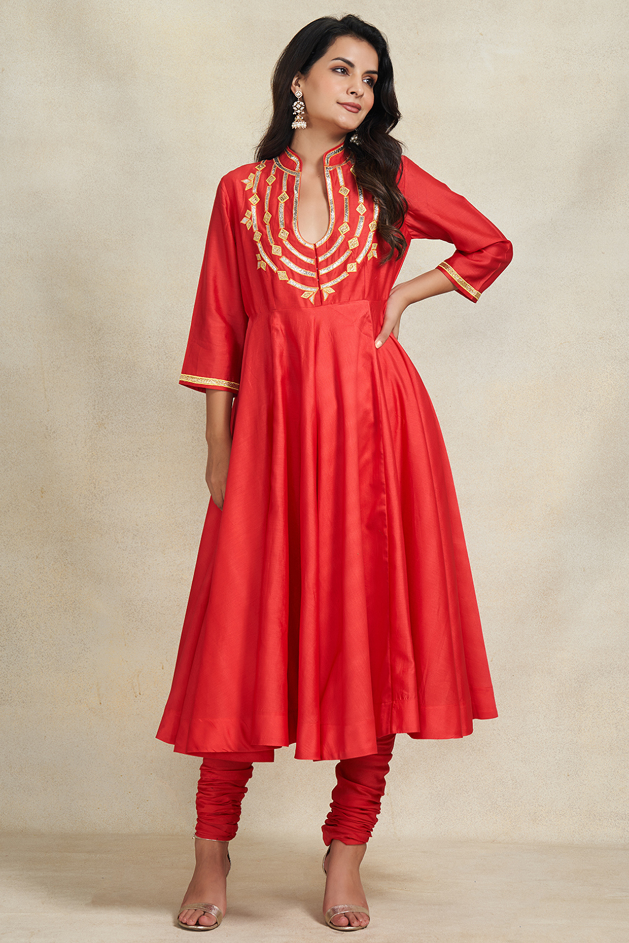 Red Chanderi Gota Work Party Wear Anarkali by Gulabo By Abu Sandeep at Pernia's Pop Up Shop