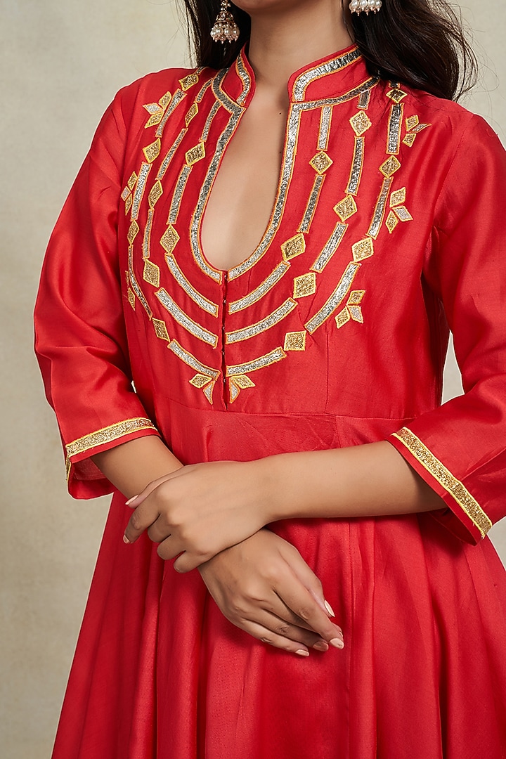 Red Chanderi Gota Work Party Wear Anarkali by Gulabo By Abu Sandeep at Pernia's Pop Up Shop