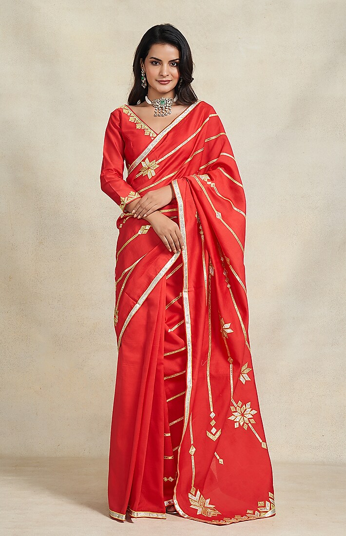 Red Chanderi Gota Work Wedding Saree by Gulabo By Abu Sandeep at Pernia's Pop Up Shop