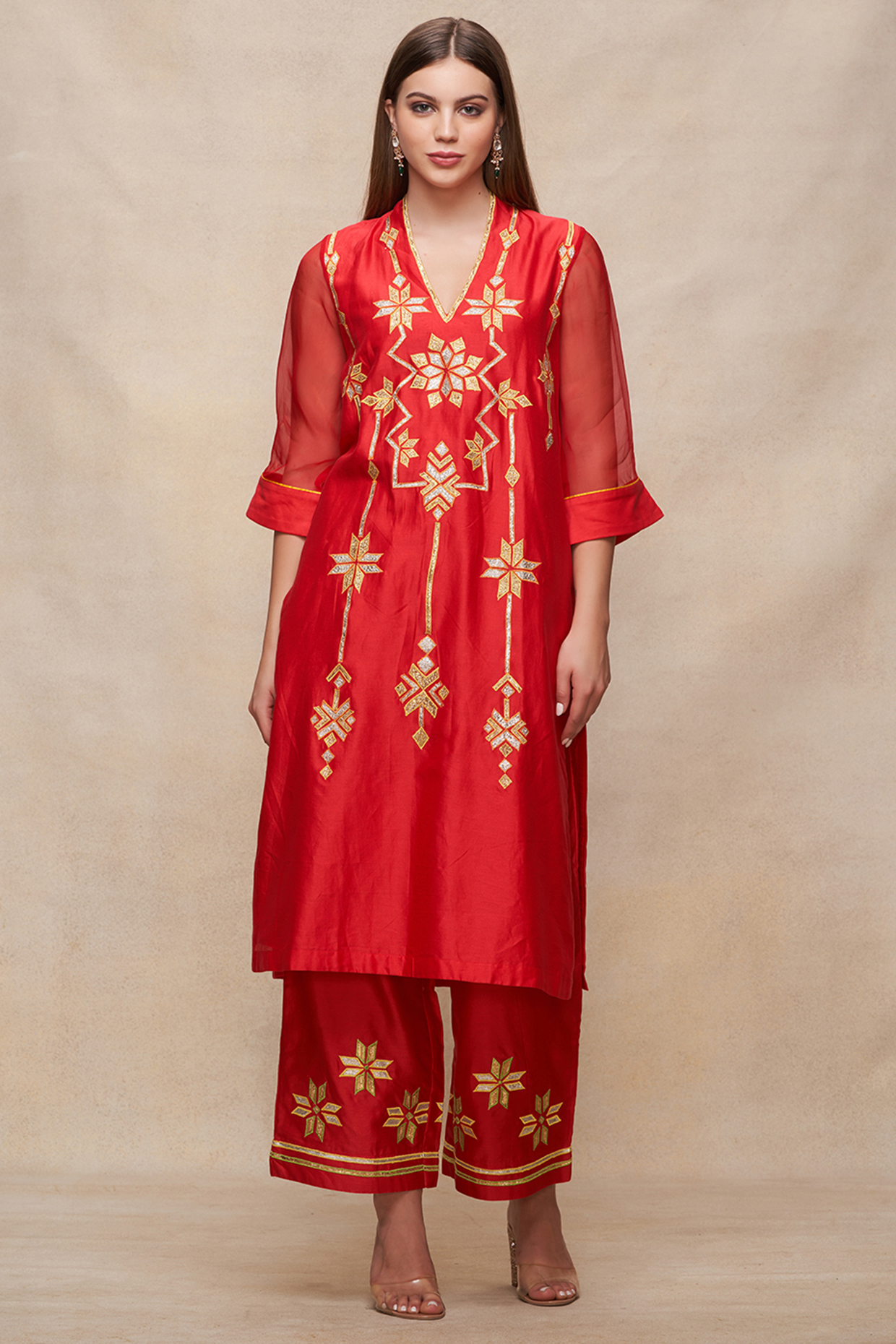 Red Chanderi Gota Embroidered Kurta by Gulabo By Abu Sandeep at Pernia's Pop Up Shop