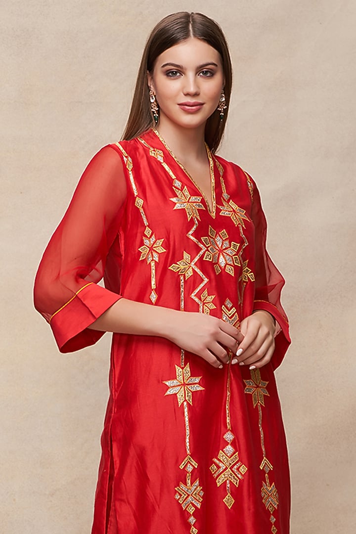Red Chanderi Gota Embroidered Kurta by Gulabo By Abu Sandeep at Pernia's Pop Up Shop