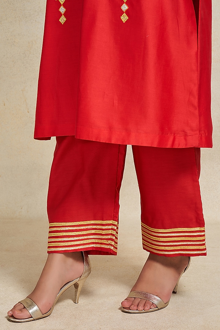 Red Chanderi Gota Embroidered Straight Pants by Gulabo By Abu Sandeep