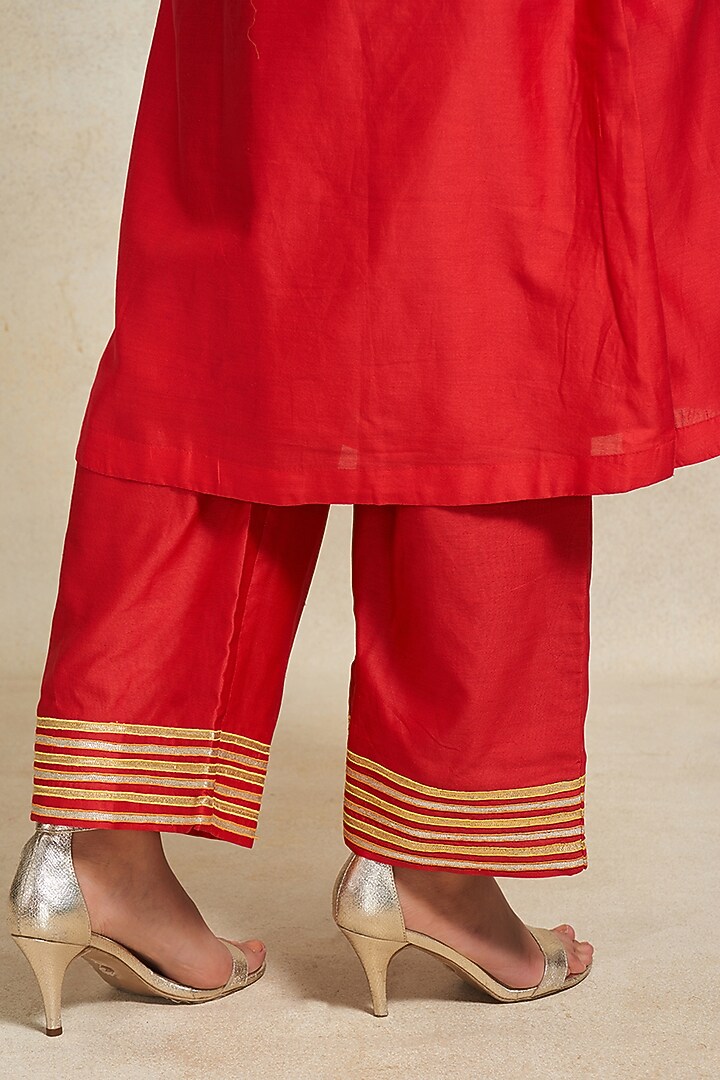 Red Chanderi Gota Embroidered Straight Pants by Gulabo By Abu Sandeep at Pernia's Pop Up Shop