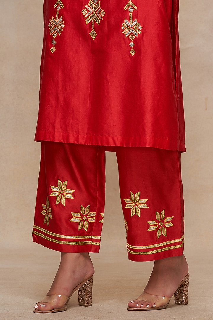 Red Chanderi Gota Embroidered Straight Pants by Gulabo By Abu Sandeep