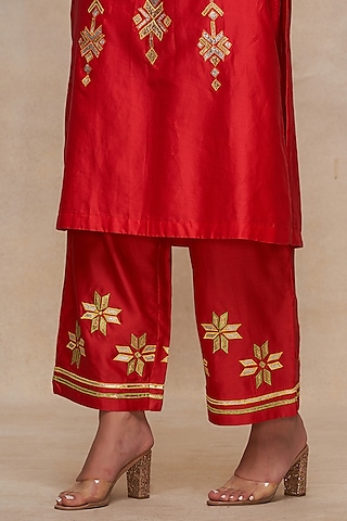 Red Chanderi Gota Embroidered Straight Pants by Gulabo By Abu Sandeep