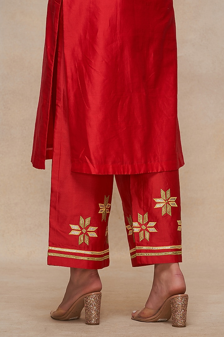 Red Chanderi Gota Embroidered Straight Pants by Gulabo By Abu Sandeep at Pernia's Pop Up Shop