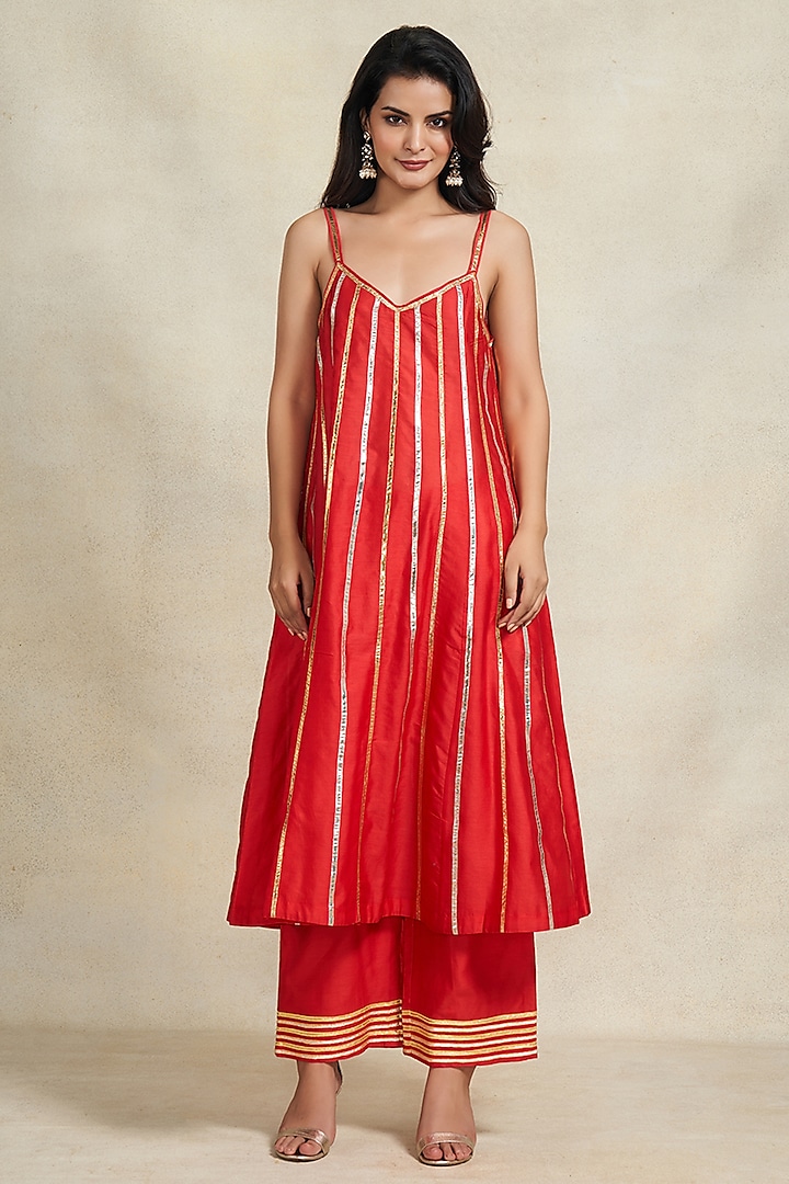 Red Chanderi Gota Embroidered Slip Dress by Gulabo By Abu Sandeep at Pernia's Pop Up Shop