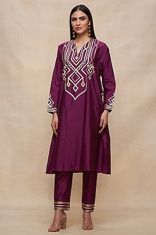 Wine Pure Chanderi Silk A-Line Kurta by Gulabo By Abu Sandeep