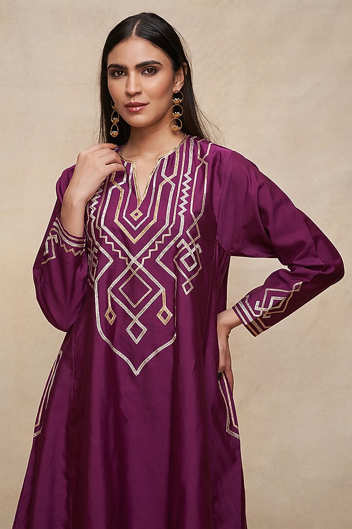 Wine Pure Chanderi Silk A-Line Kurta by Gulabo By Abu Sandeep at Pernia's Pop Up Shop