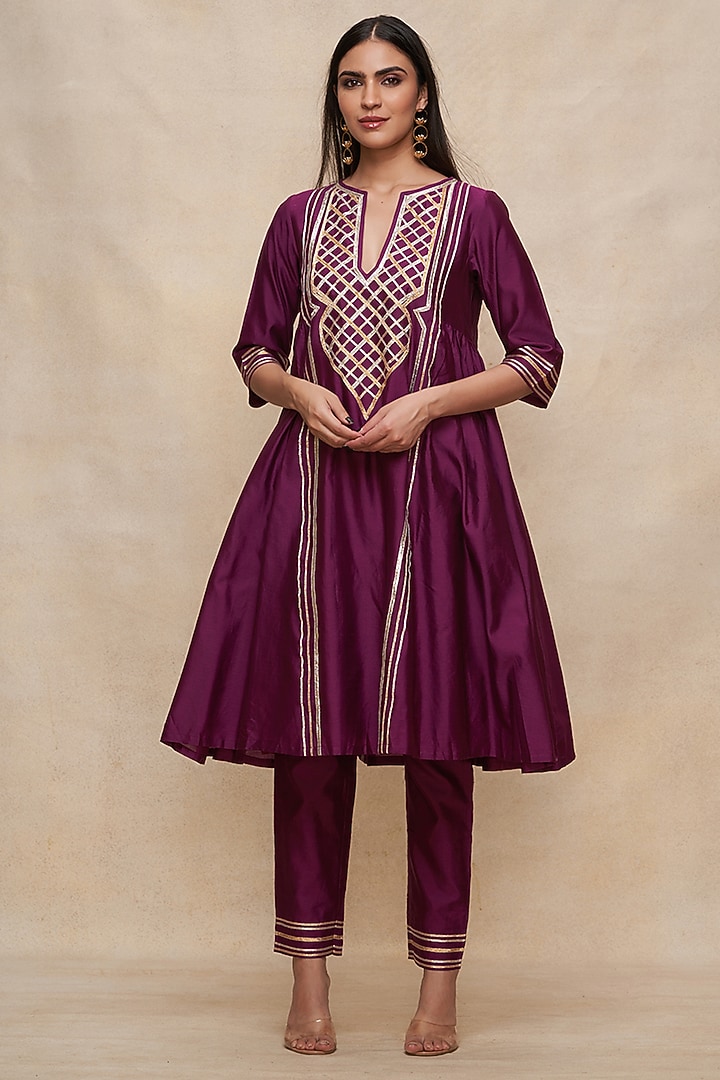 Wine Pure Chanderi Silk Gota Work Gathered Kurta by Gulabo By Abu Sandeep at Pernia's Pop Up Shop