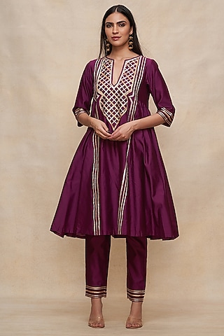 Wine Pure Chanderi Silk Gota Work Gathered Kurta by Gulabo By Abu Sandeep