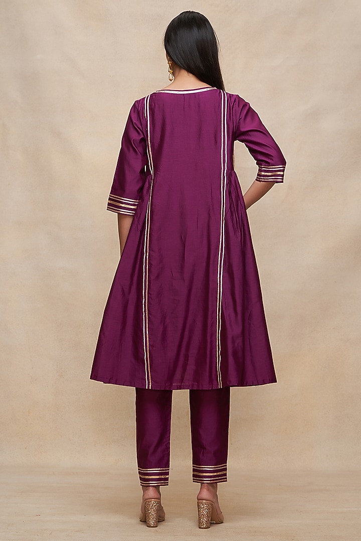 Wine Pure Chanderi Silk Gota Work Gathered Kurta by Gulabo By Abu Sandeep at Pernia's Pop Up Shop