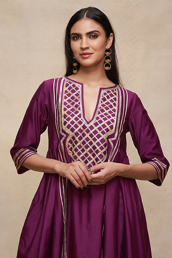 Wine Pure Chanderi Silk Gota Work Gathered Kurta by Gulabo By Abu Sandeep at Pernia's Pop Up Shop