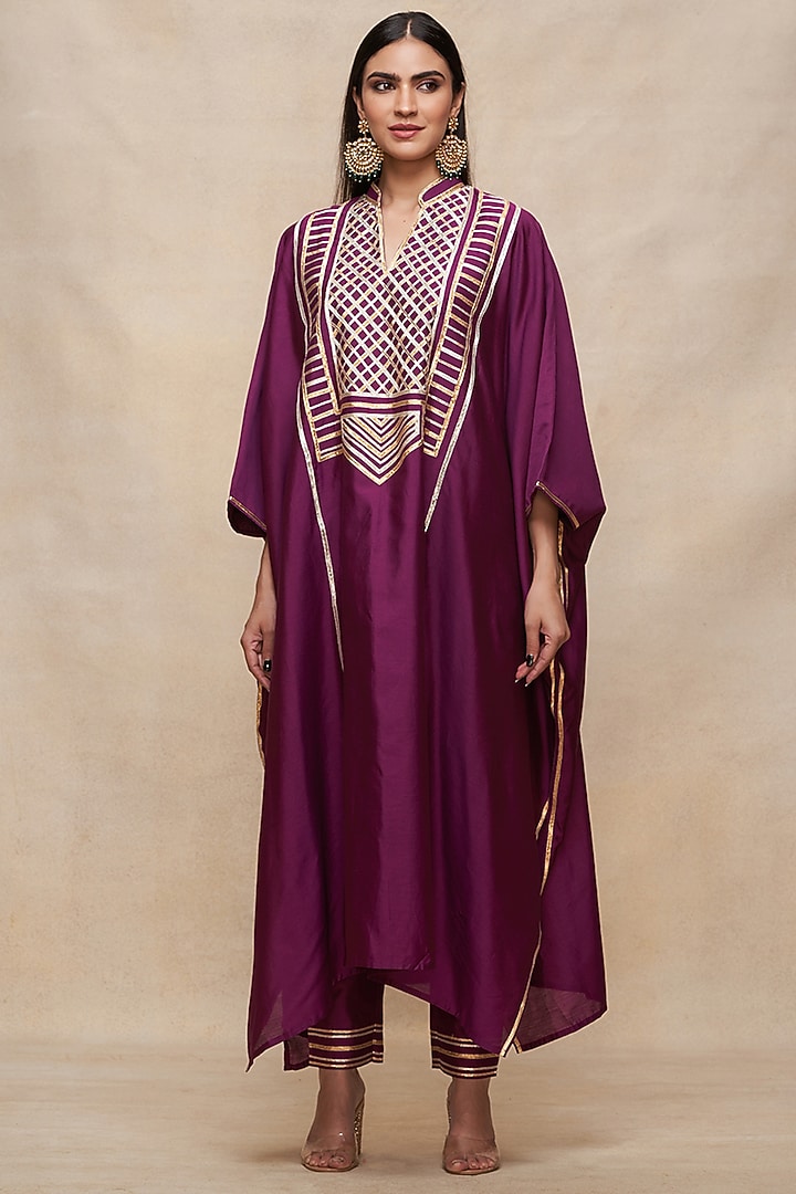 Wine Pure Chanderi Silk Gota Work Kaftan by Gulabo By Abu Sandeep at Pernia's Pop Up Shop