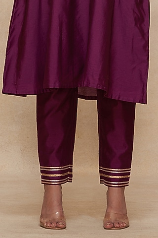 Wine Pure Chanderi Silk Gota Work Pencil Pants by Gulabo By Abu Sandeep