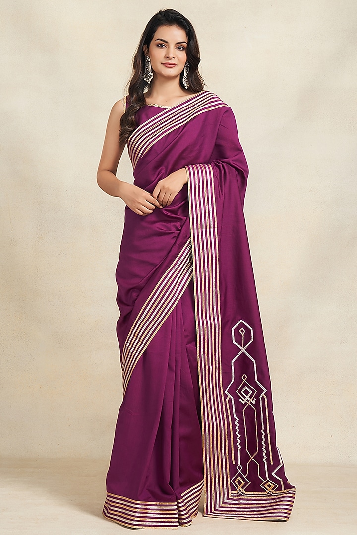 Wine Pure Chanderi Silk Gota Work Party Wear Saree by Gulabo By Abu Sandeep at Pernia's Pop Up Shop