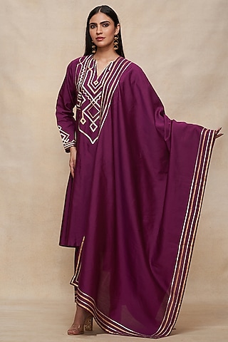 Wine Pure Chanderi Silk Gota Work Dupatta by Gulabo By Abu Sandeep