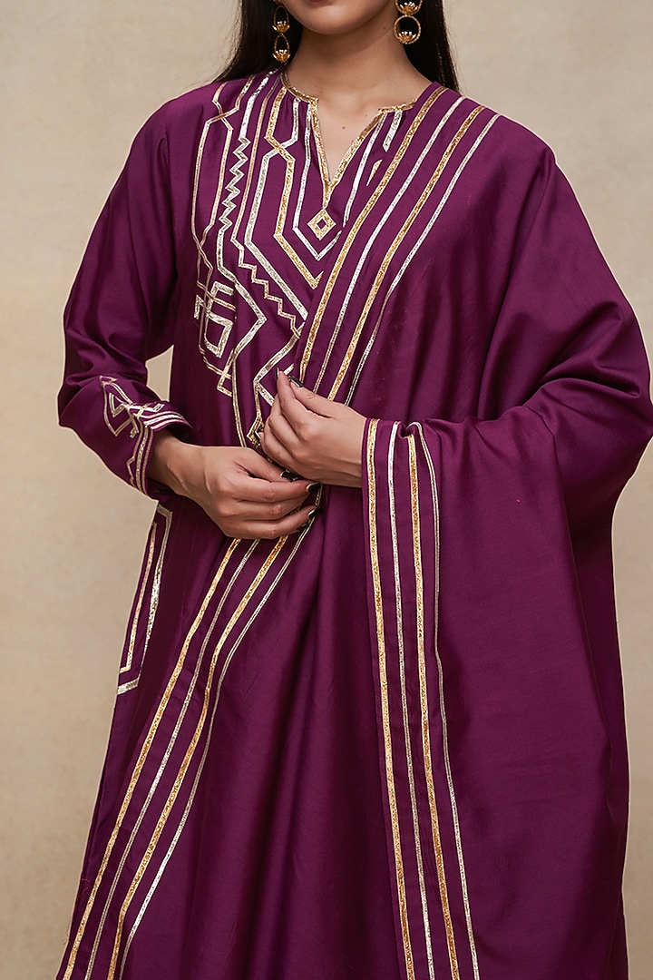 Wine Pure Chanderi Silk Gota Work Dupatta by Gulabo By Abu Sandeep at Pernia's Pop Up Shop