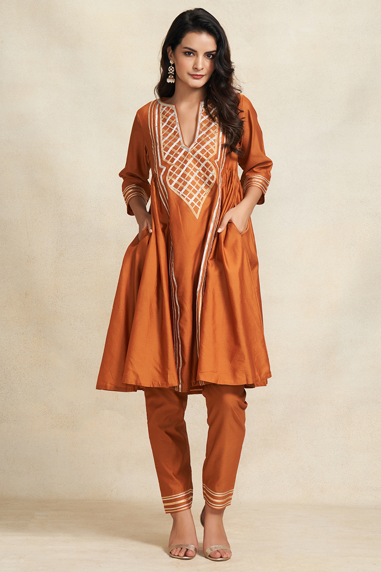 Dark Rust Pure Chanderi Silk Gota Work Gathered Kurta by Gulabo By Abu Sandeep at Pernia's Pop Up Shop