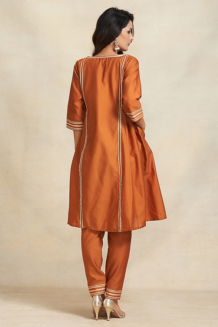 Dark Rust Pure Chanderi Silk Gota Work Gathered Kurta by Gulabo By Abu Sandeep at Pernia's Pop Up Shop