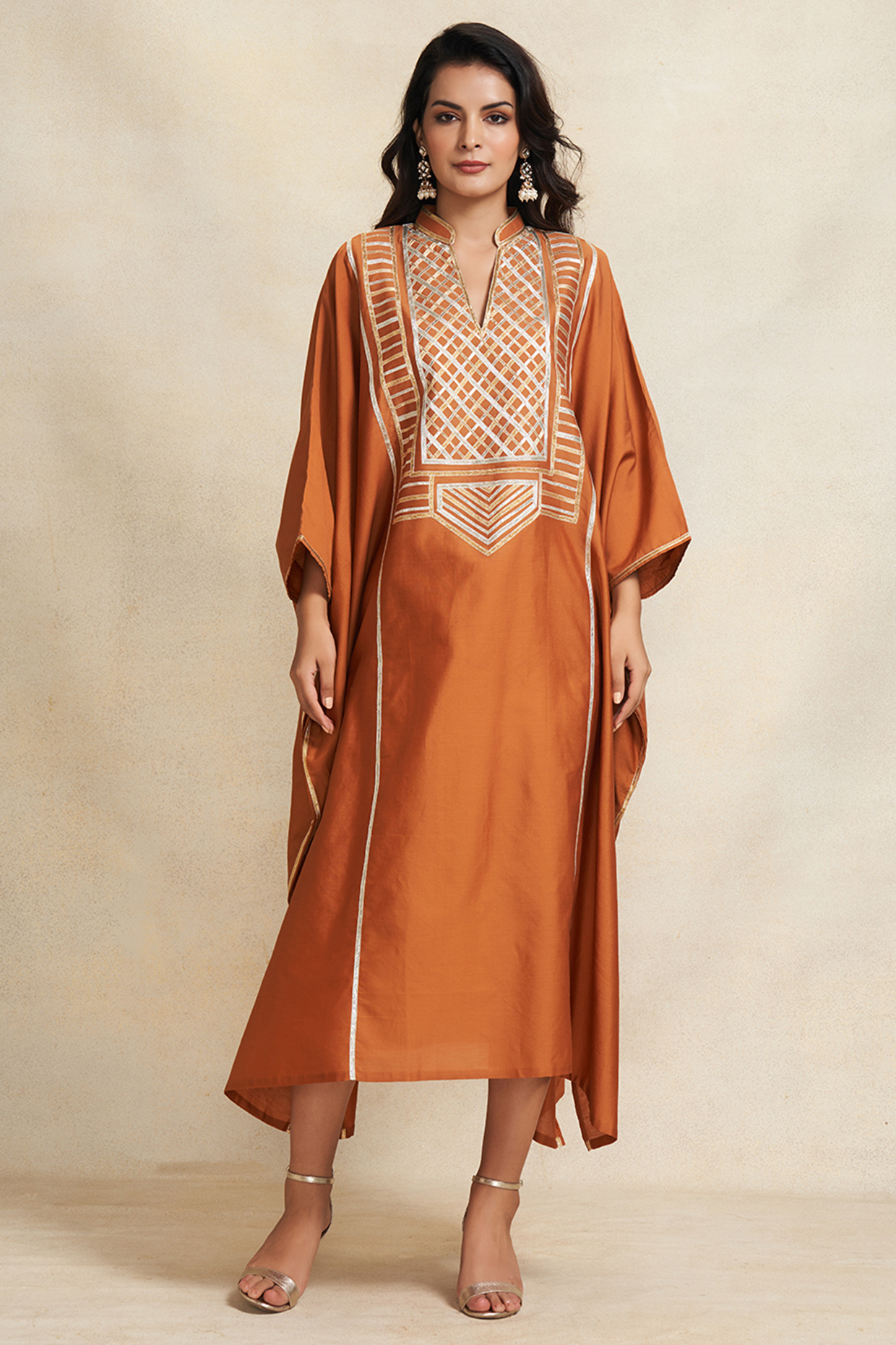 Dark Rust Pure Chanderi Silk Gota Work Kaftan by Gulabo By Abu Sandeep at Pernia's Pop Up Shop