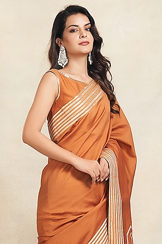 Dark Rust Pure Chanderi Silk Gota Work Crop Top by Gulabo By Abu Sandeep