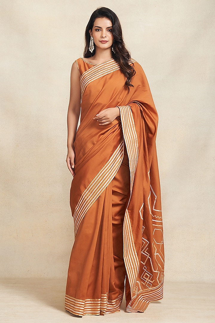 Dark Rust Pure Chanderi Silk Gota Work Party Wear Saree by Gulabo By Abu Sandeep at Pernia's Pop Up Shop