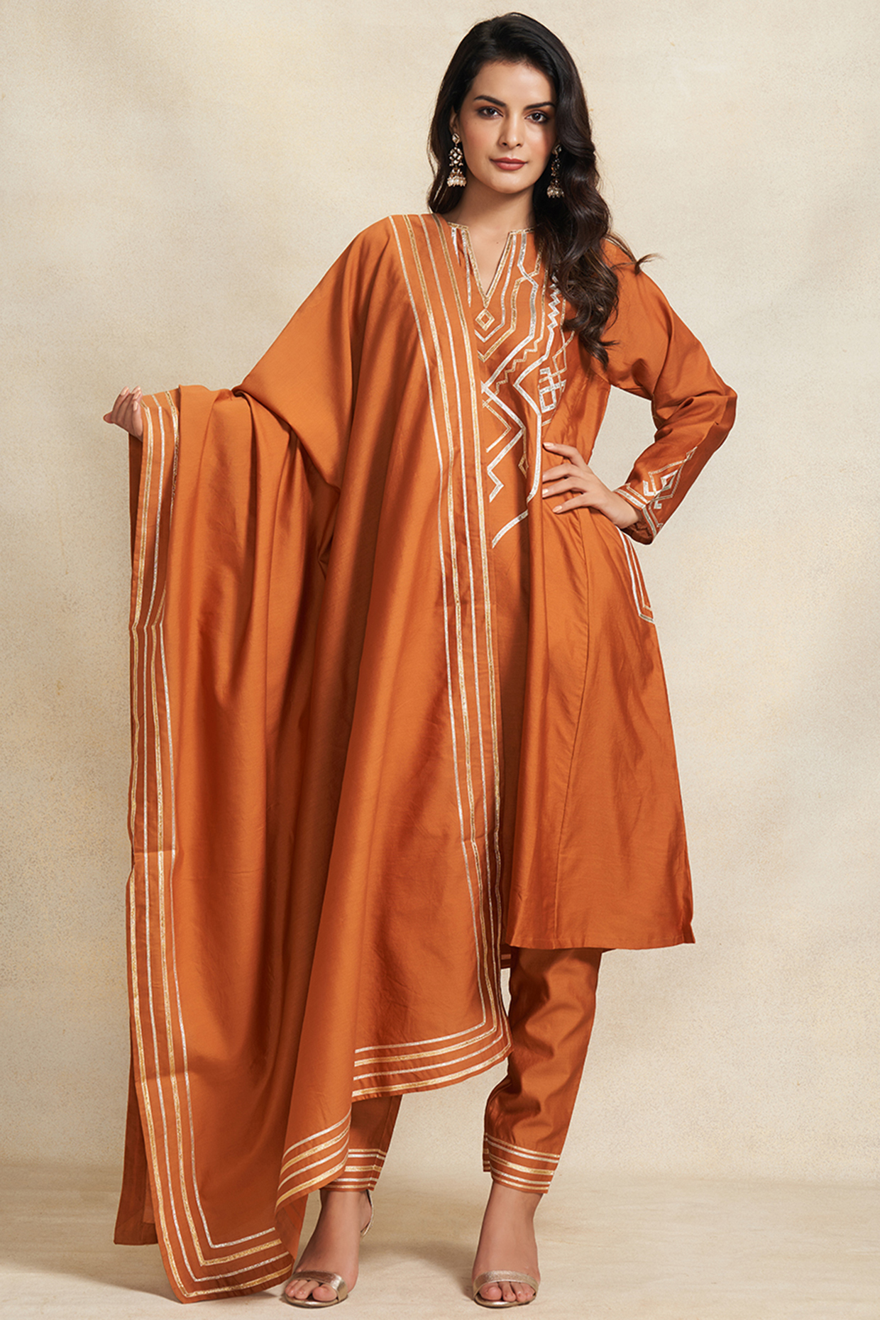 Dark Rust Pure Chanderi Silk Gota Work Dupatta by Gulabo By Abu Sandeep at Pernia's Pop Up Shop