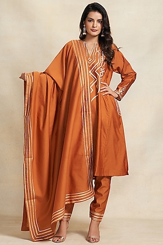 Dark Rust Pure Chanderi Silk Gota Work Dupatta by Gulabo By Abu Sandeep