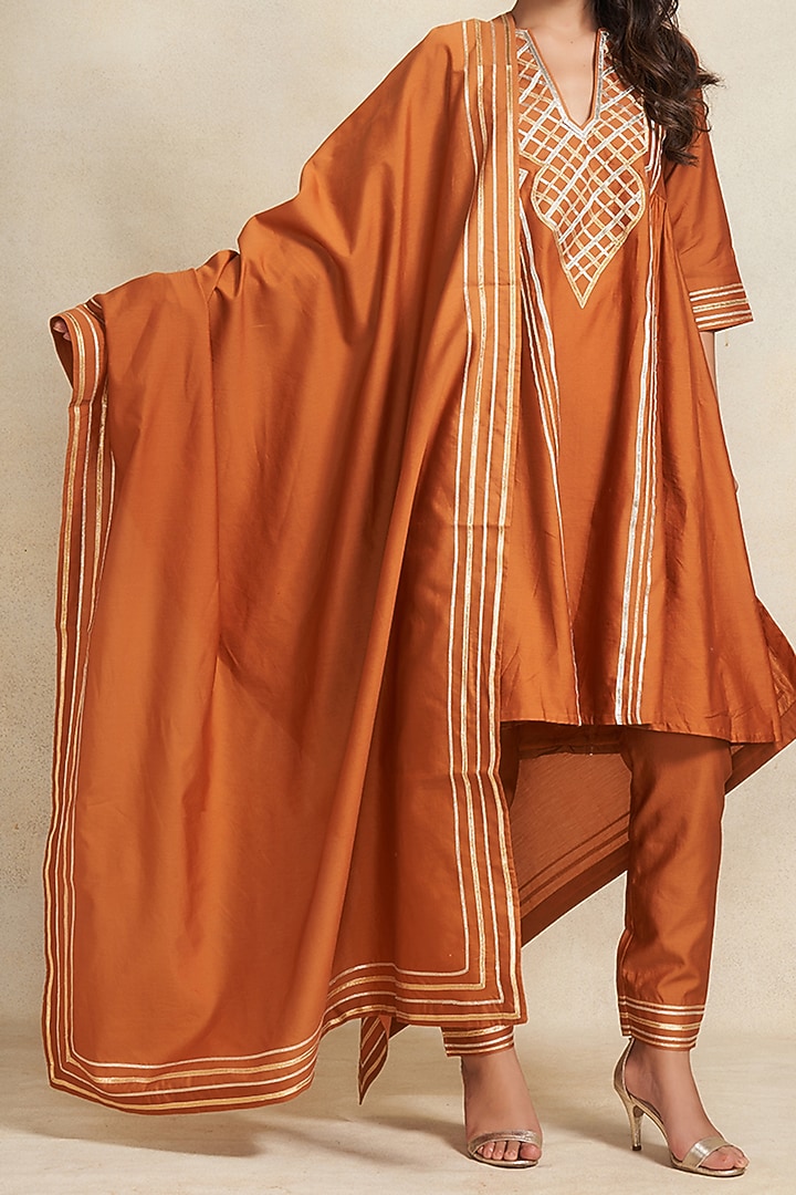 Dark Rust Pure Chanderi Silk Gota Work Dupatta by Gulabo By Abu Sandeep at Pernia's Pop Up Shop