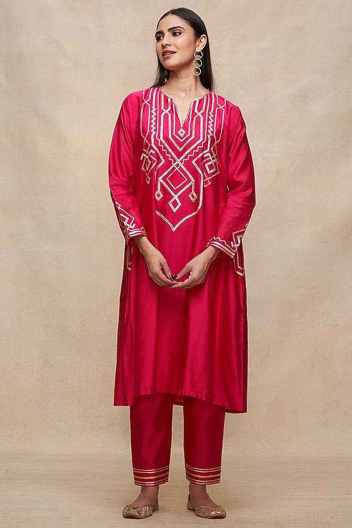 Rani Pink Pure Chanderi Silk A-Line Kurta by Gulabo By Abu Sandeep at Pernia's Pop Up Shop