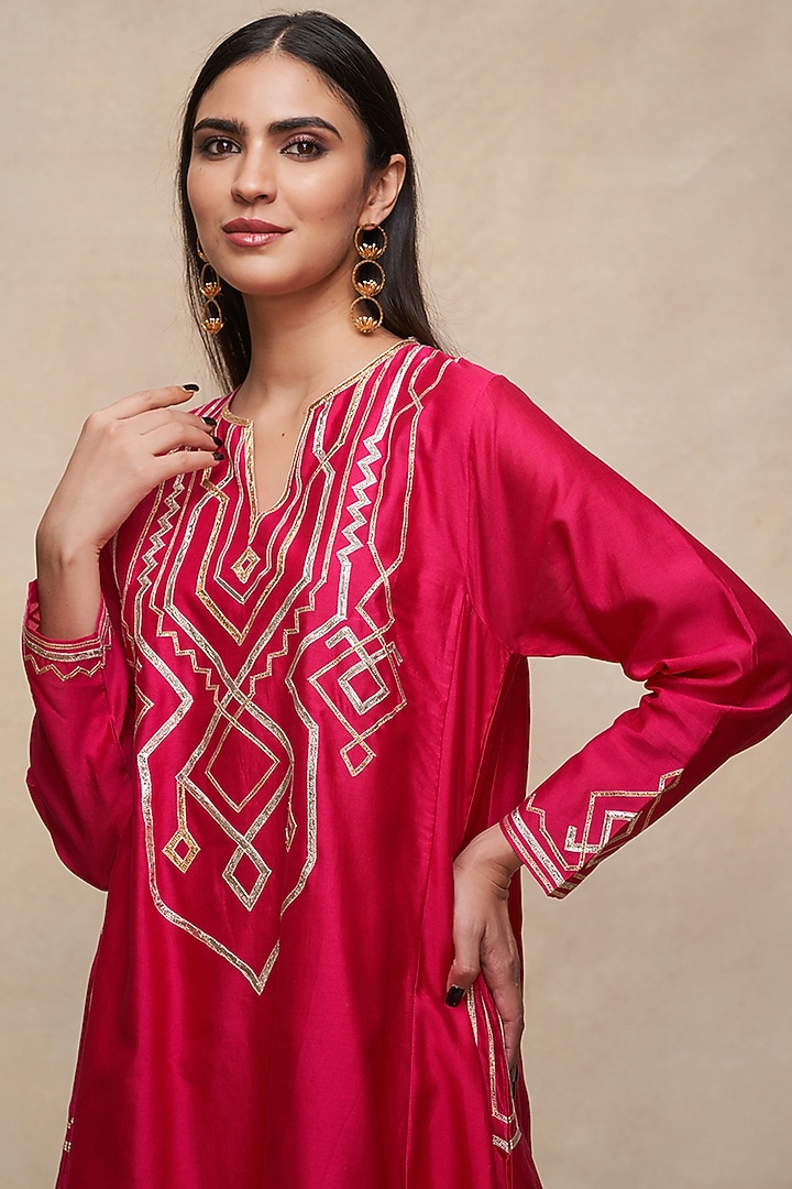 Rani Pink Pure Chanderi Silk A-Line Kurta by Gulabo By Abu Sandeep at Pernia's Pop Up Shop