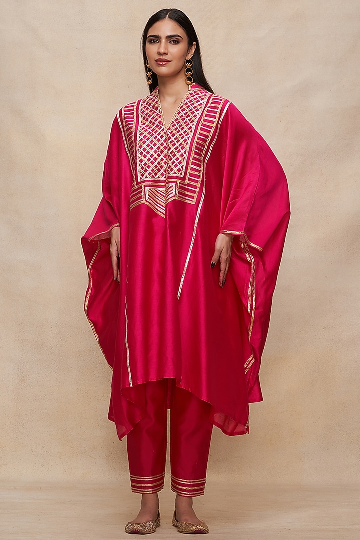 Rani Pink Pure Chanderi Silk Gota Work Kaftan by Gulabo By Abu Sandeep at Pernia's Pop Up Shop