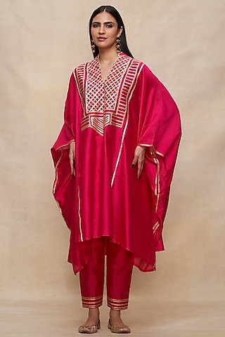 Rani Pink Pure Chanderi Silk Gota Work Kaftan by Gulabo By Abu Sandeep