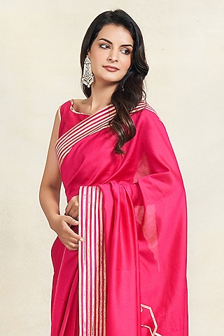Rani Pink Pure Chanderi Silk Gota Work Crop Top by Gulabo By Abu Sandeep