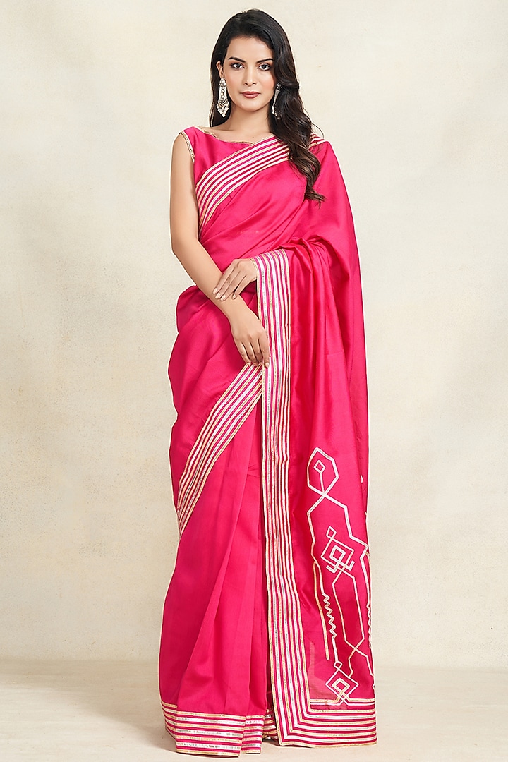 Rani Pink Pure Chanderi Silk Gota Work Party Wear Saree by Gulabo By Abu Sandeep at Pernia's Pop Up Shop