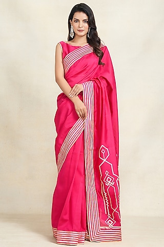 Rani Pink Pure Chanderi Silk Gota Work Saree by Gulabo By Abu Sandeep
