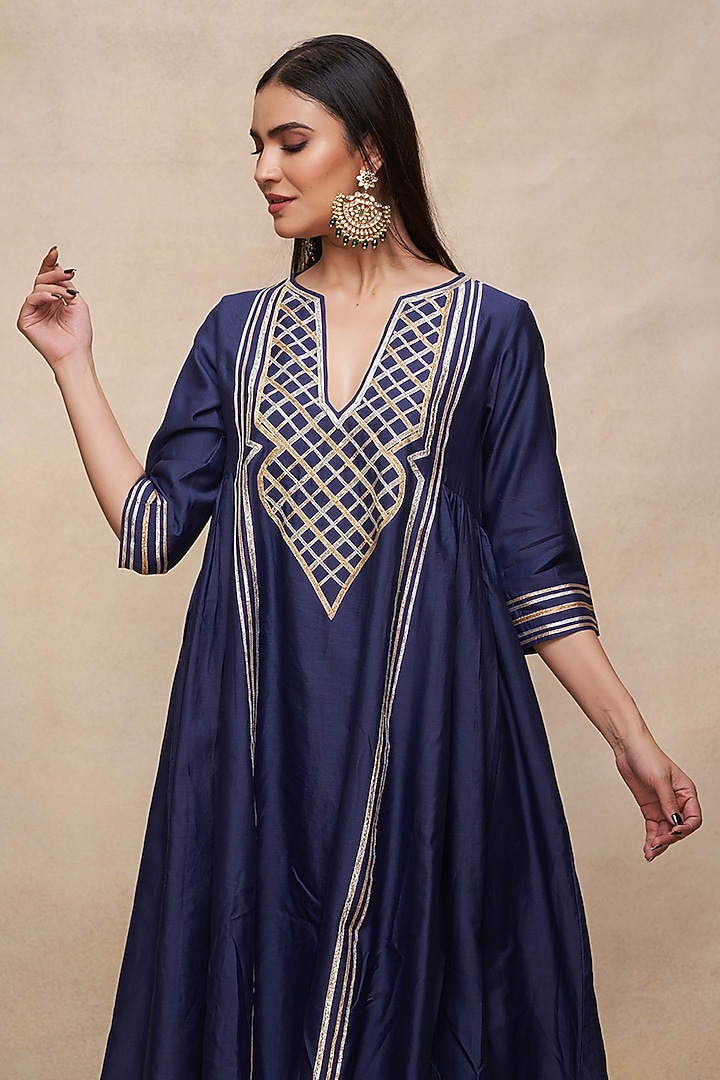 Indigo Pure Chanderi Silk Gota Work Gathered Kurta by Gulabo By Abu Sandeep at Pernia's Pop Up Shop