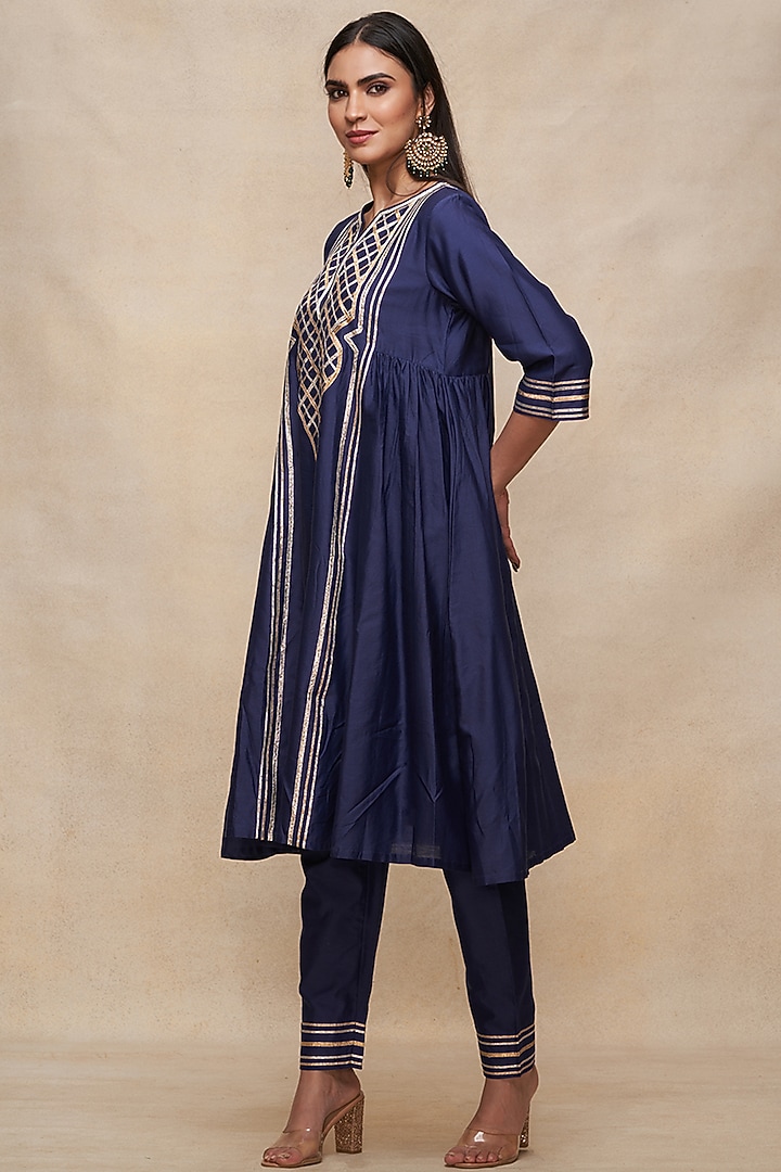 Indigo Pure Chanderi Silk Gota Work Gathered Kurta by Gulabo By Abu Sandeep at Pernia's Pop Up Shop