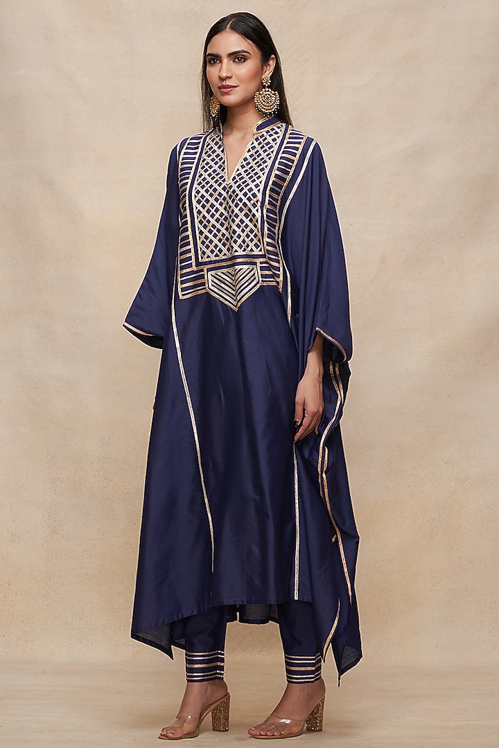 Indigo Pure Chanderi Silk Gota Work Kaftan by Gulabo By Abu Sandeep at Pernia's Pop Up Shop