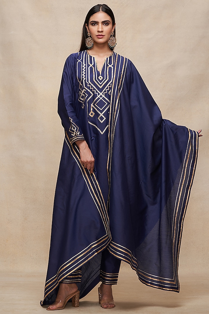 Indigo Pure Chanderi Silk Gota Work Dupatta by Gulabo By Abu Sandeep at Pernia's Pop Up Shop