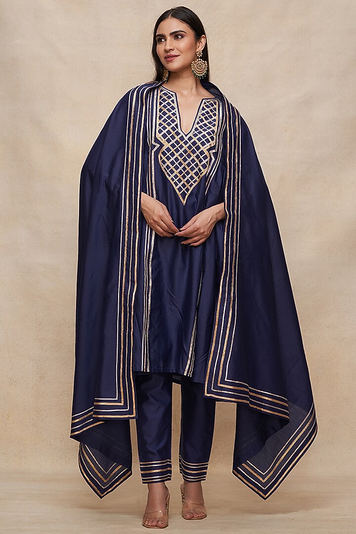 Indigo Pure Chanderi Silk Gota Work Dupatta by Gulabo By Abu Sandeep at Pernia's Pop Up Shop