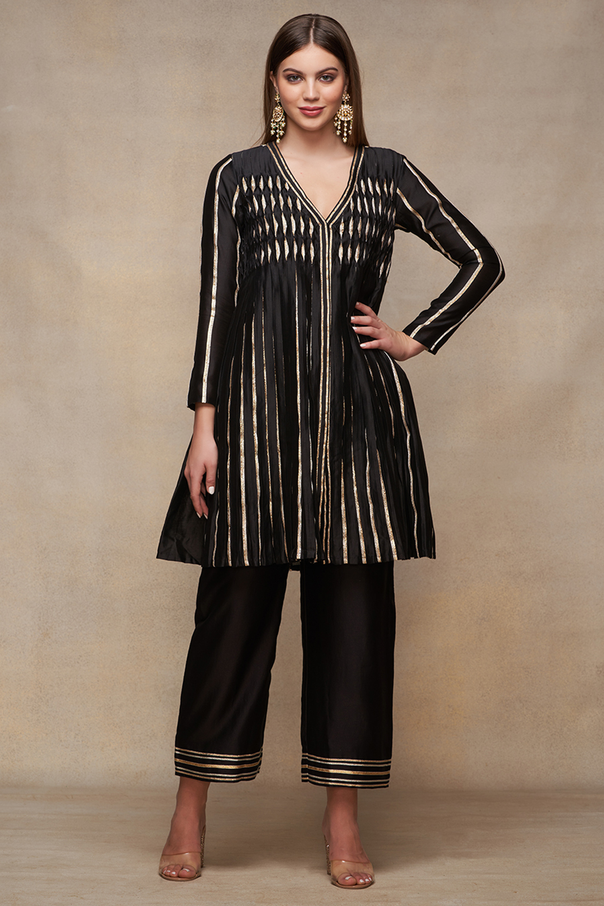 Black Chanderi Gota Work Pleated Kurta by Gulabo By Abu Sandeep at Pernia's Pop Up Shop